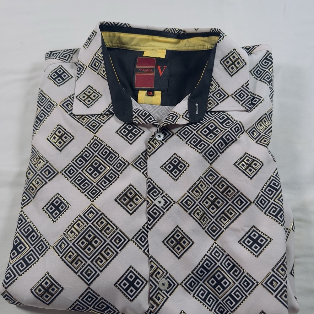 Vassari Shirt Men 3XL Button Up White Geometric Print Long Sleeve 100 Cotton